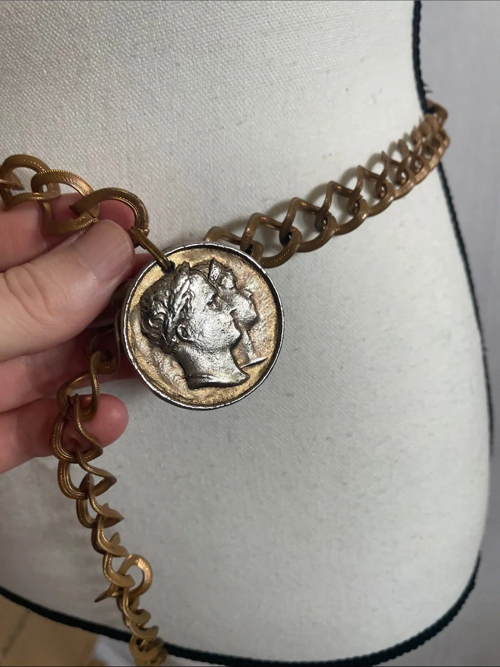 Vintage Antique Coin Pendant Chain Necklace belt in Brass Tone